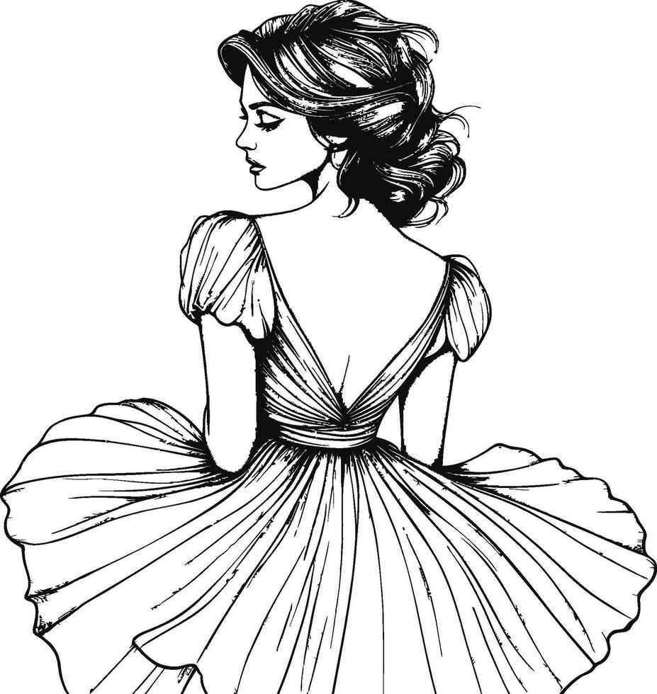 Elegant Hand-Drawn Illustration of a Woman in a Flowing Dress vector