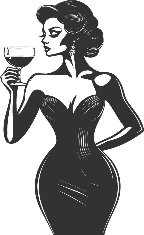 Elegant Woman in Vintage Style Holding a Glass of Wine Illustration vector