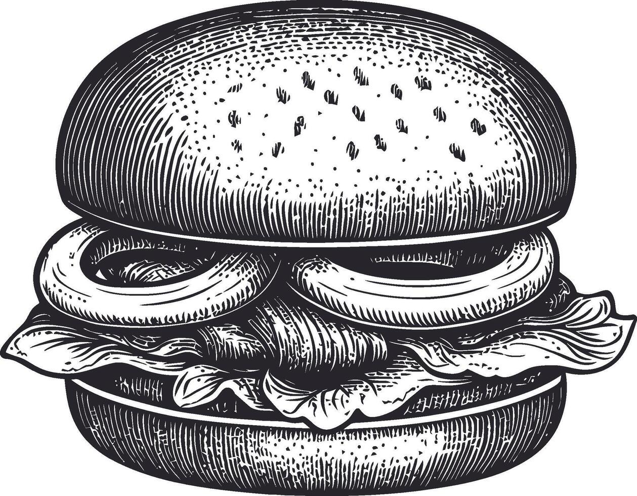 Vintage Illustration of a Hamburger with Onion Rings and Lettuce vector