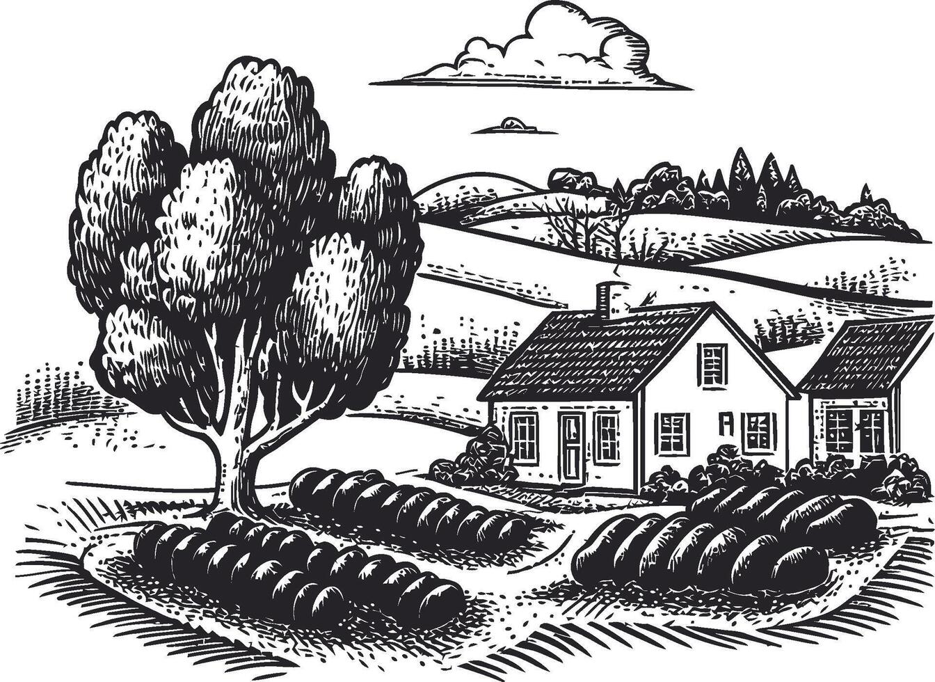 Rustic Farmhouse with Trees and Crops in Black and White Illustration vector