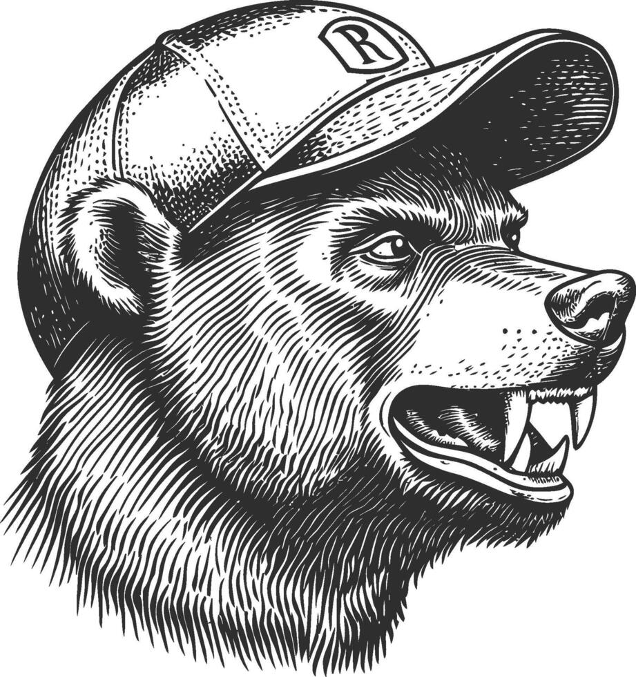 Detailed Illustration of a Bear Wearing a Cap and Snarling Expression vector