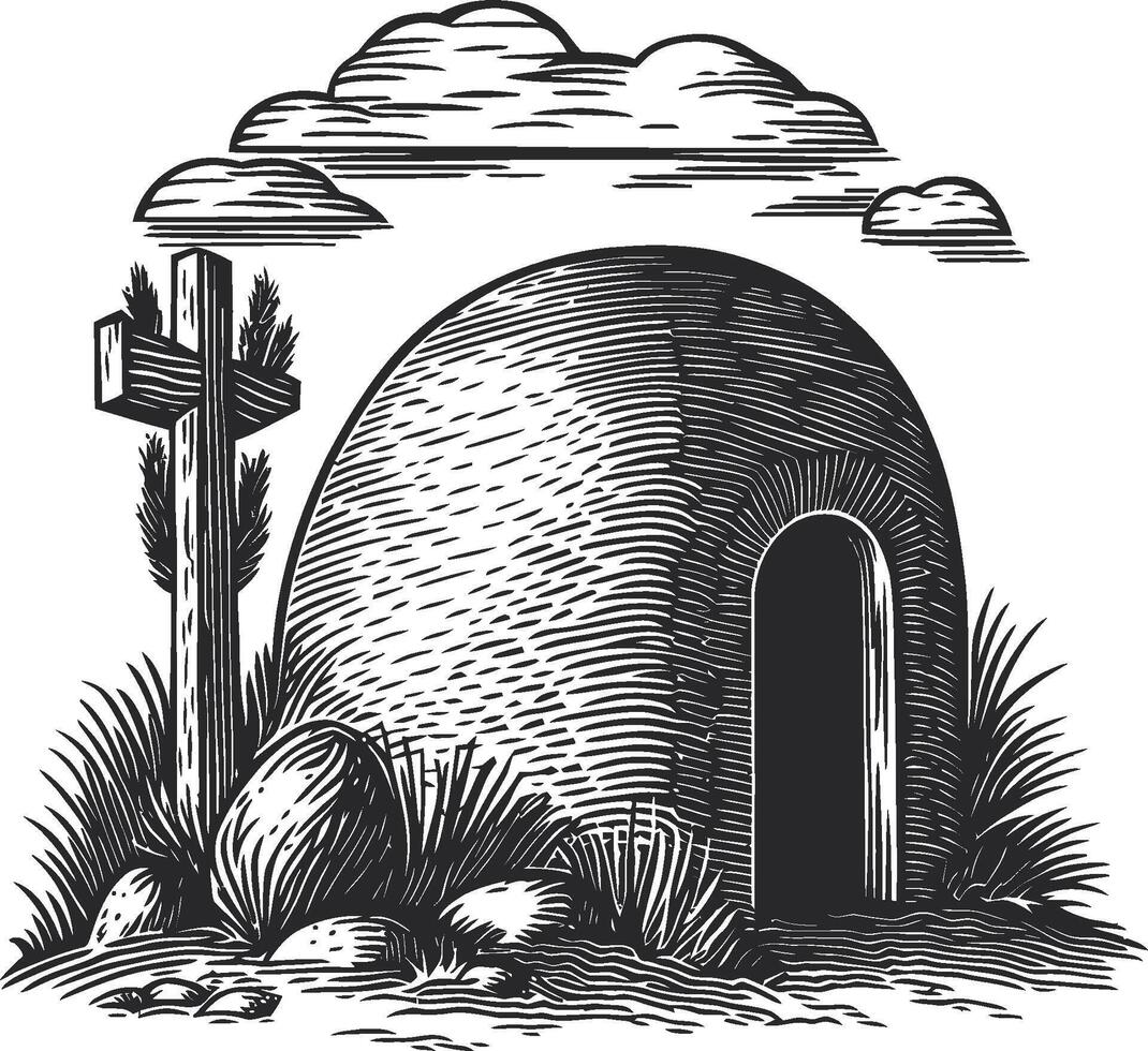 Rustic Tomb with Cross and Surrounding Landscape in Black and White Art vector