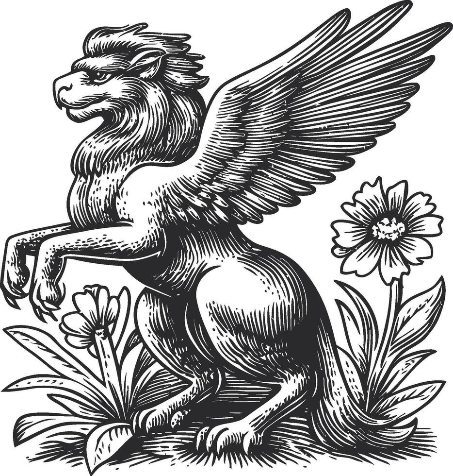 Detailed Illustration of a Mythical Winged Lion with Flowers vector
