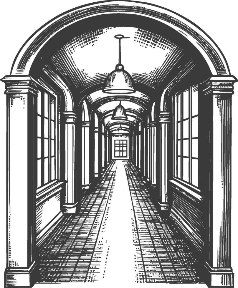 Vintage Black and White Illustration of a Corridor with Arches vector