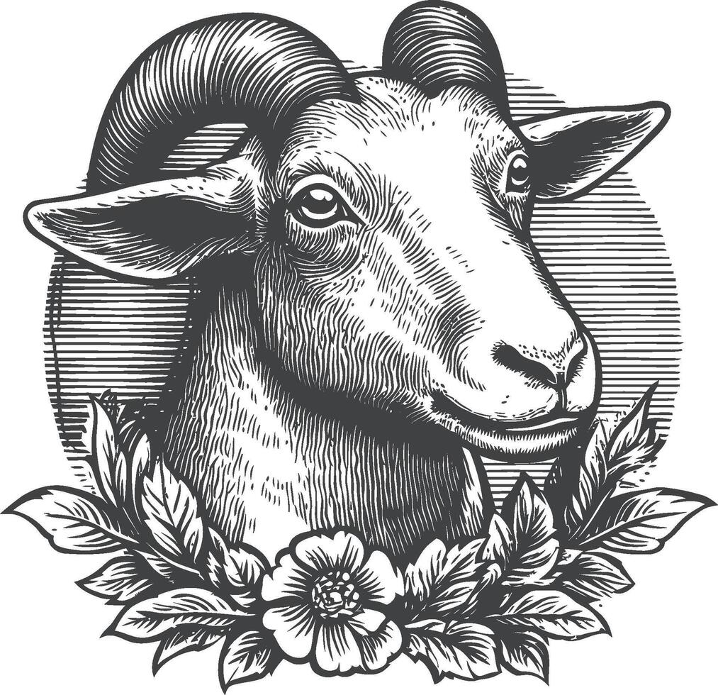 Intricate Hand-Drawn Illustration of a Goat with Floral Accents vector