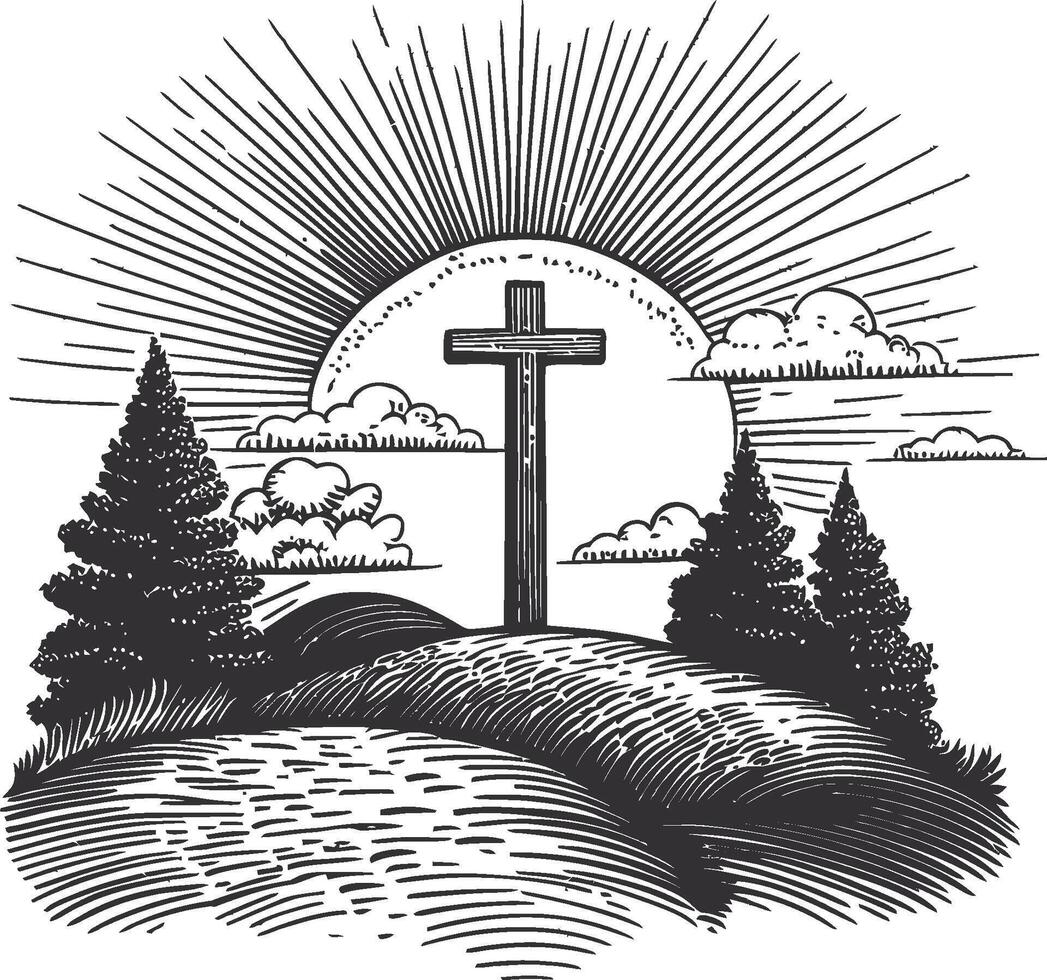 Cross at Sunrise with Trees and Clouds in Detailed Illustration vector