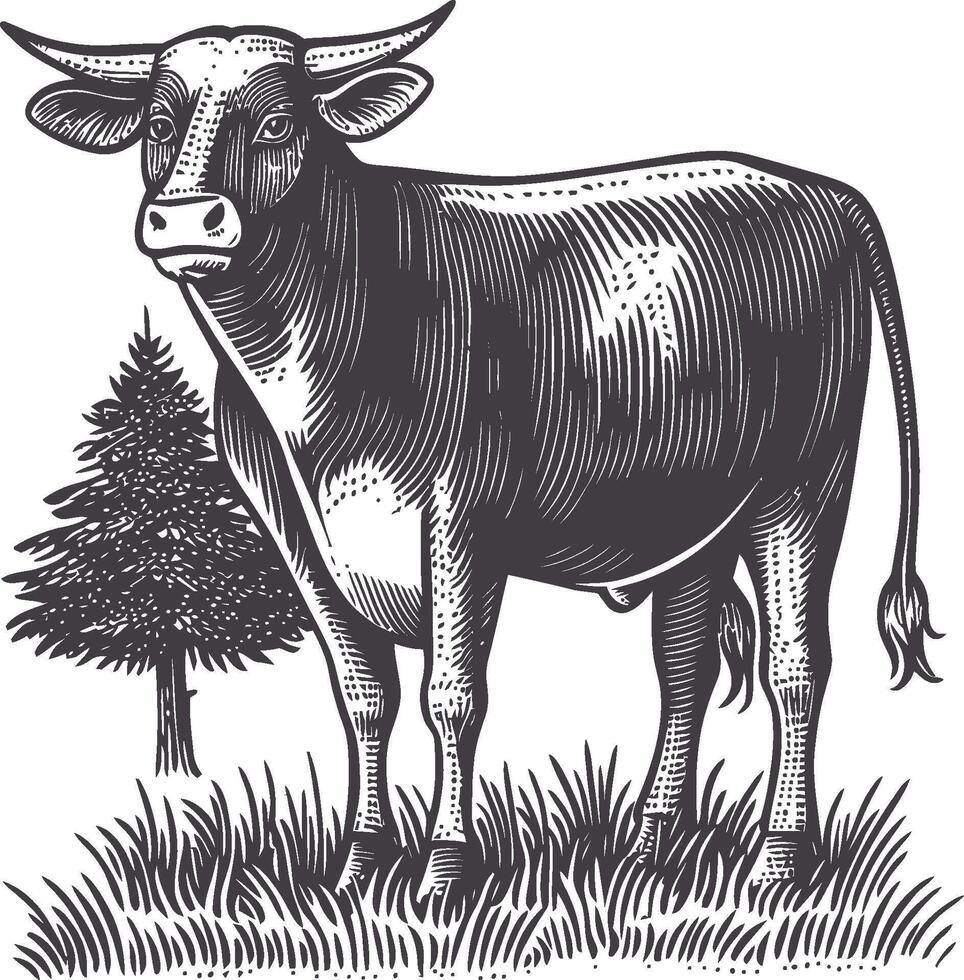 Detailed Vintage Illustration of a Cow with Tree Background vector