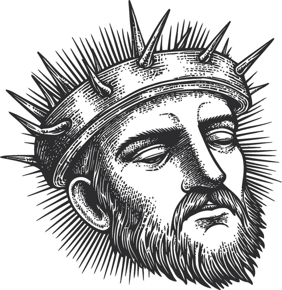 Detailed Black and White Illustration of Head with Spiked Crown vector