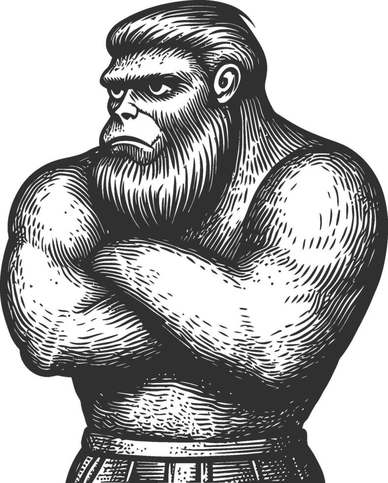 Fierce Candid Illustration of a Muscular Gorilla with a Serious Expression vector