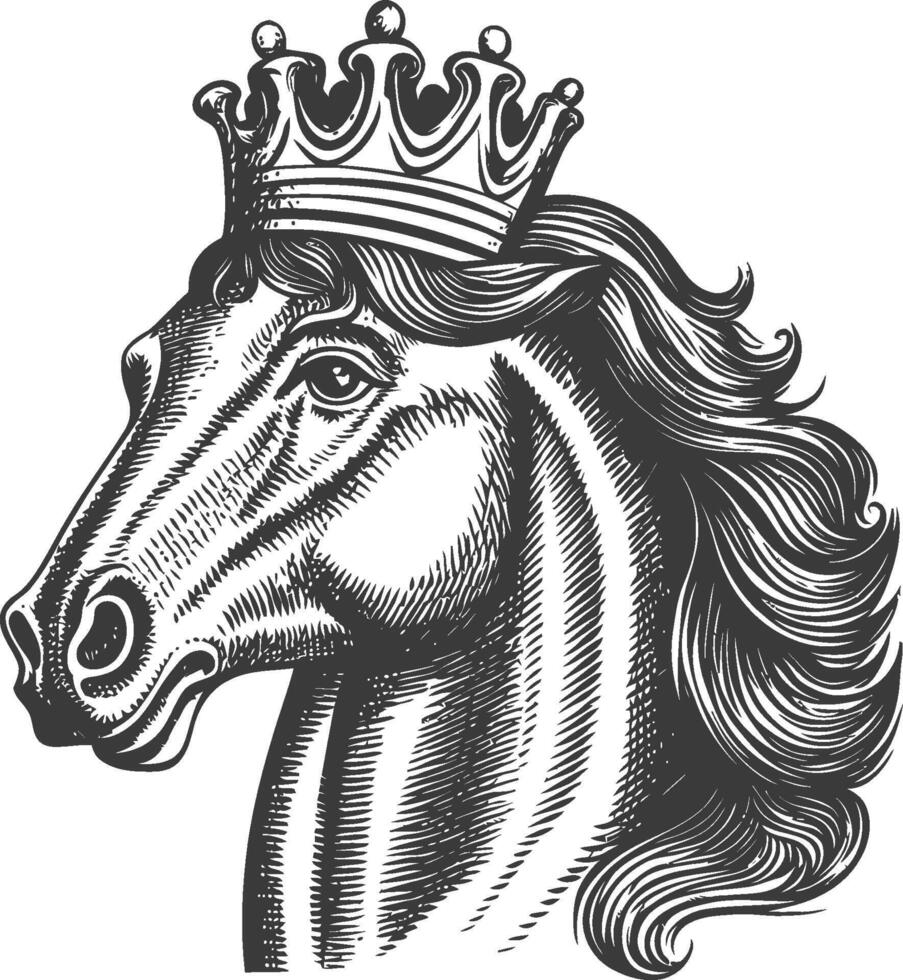 Regal Horse Head Illustration with Crown in Vintage Style Art vector