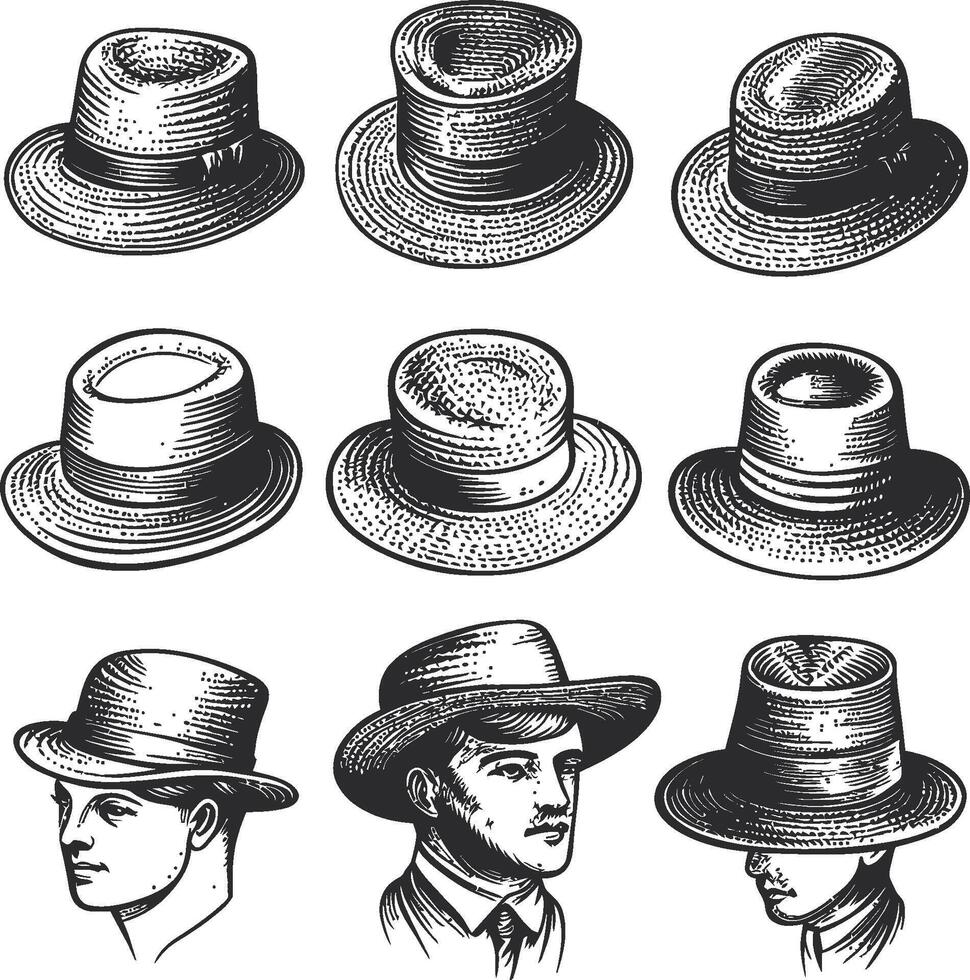 Vintage Hat Illustrations in Various Styles and Perspectives vector