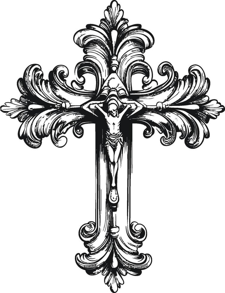 Ornate Cross Illustration with Intricate Flourishes and Details vector