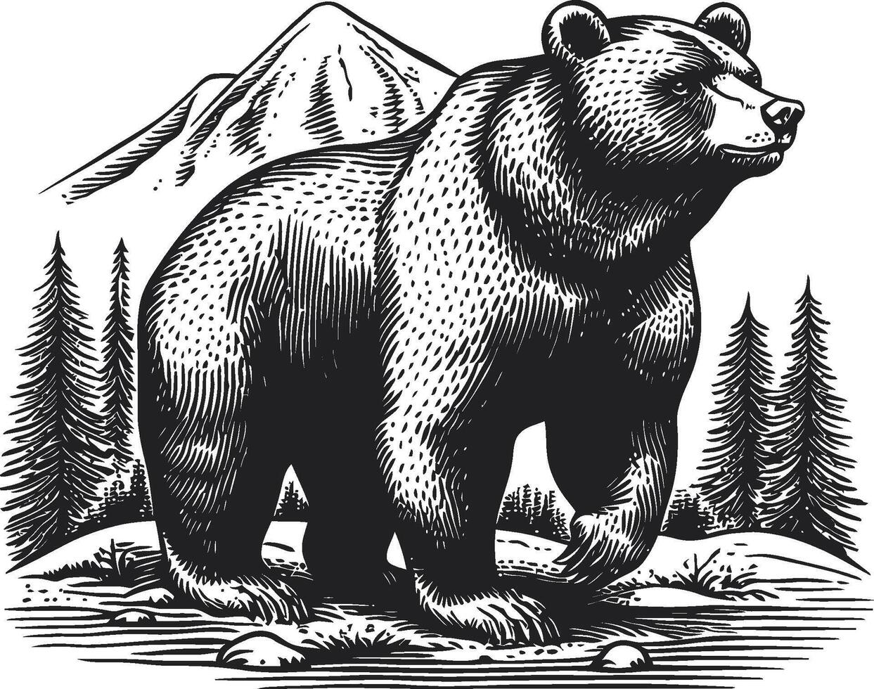 Detailed Black and White Bear Illustration with Mountain and Trees Background vector