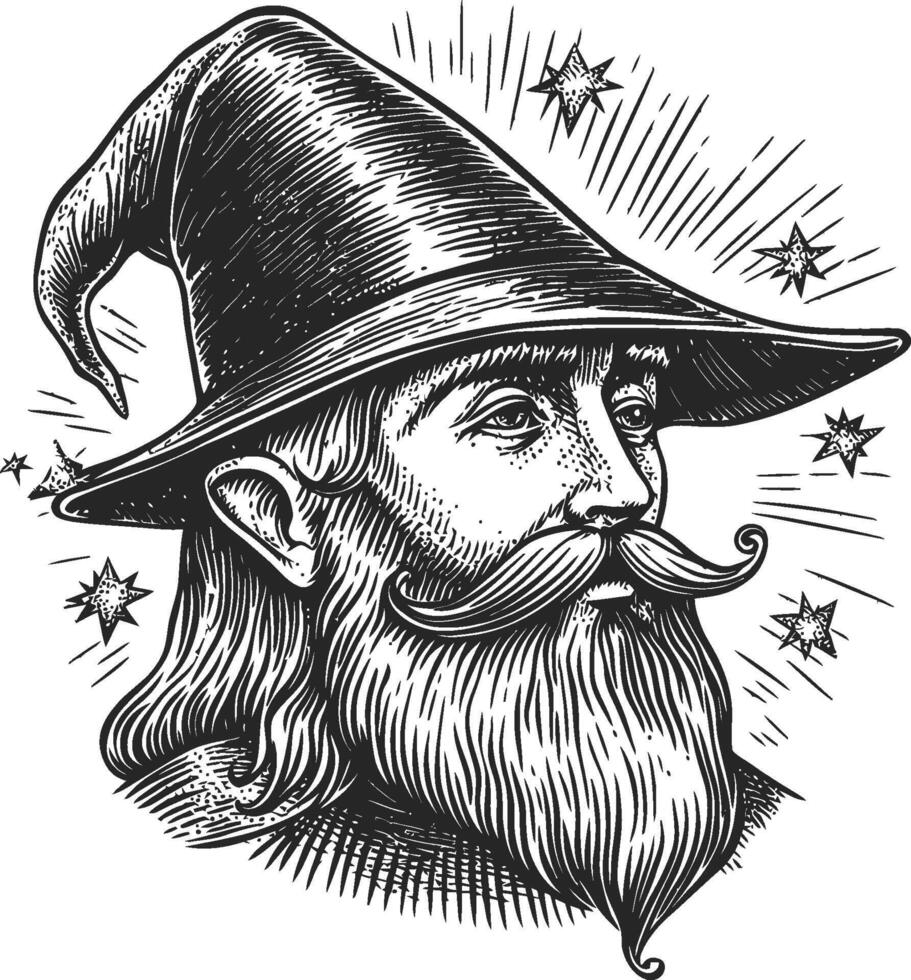 Vintage Wizard Illustration with Detailed Features and Magical Elements vector