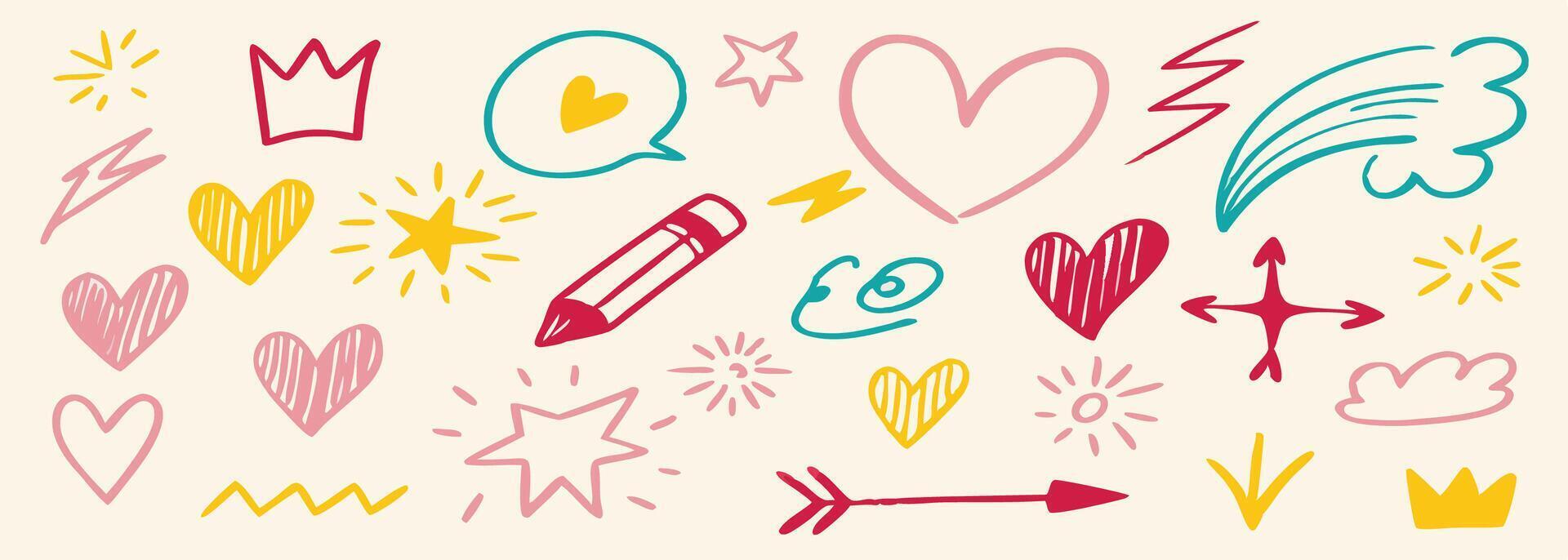 Hand drawn Doodle Collection Hearts, Stars, Arrows, and More vector