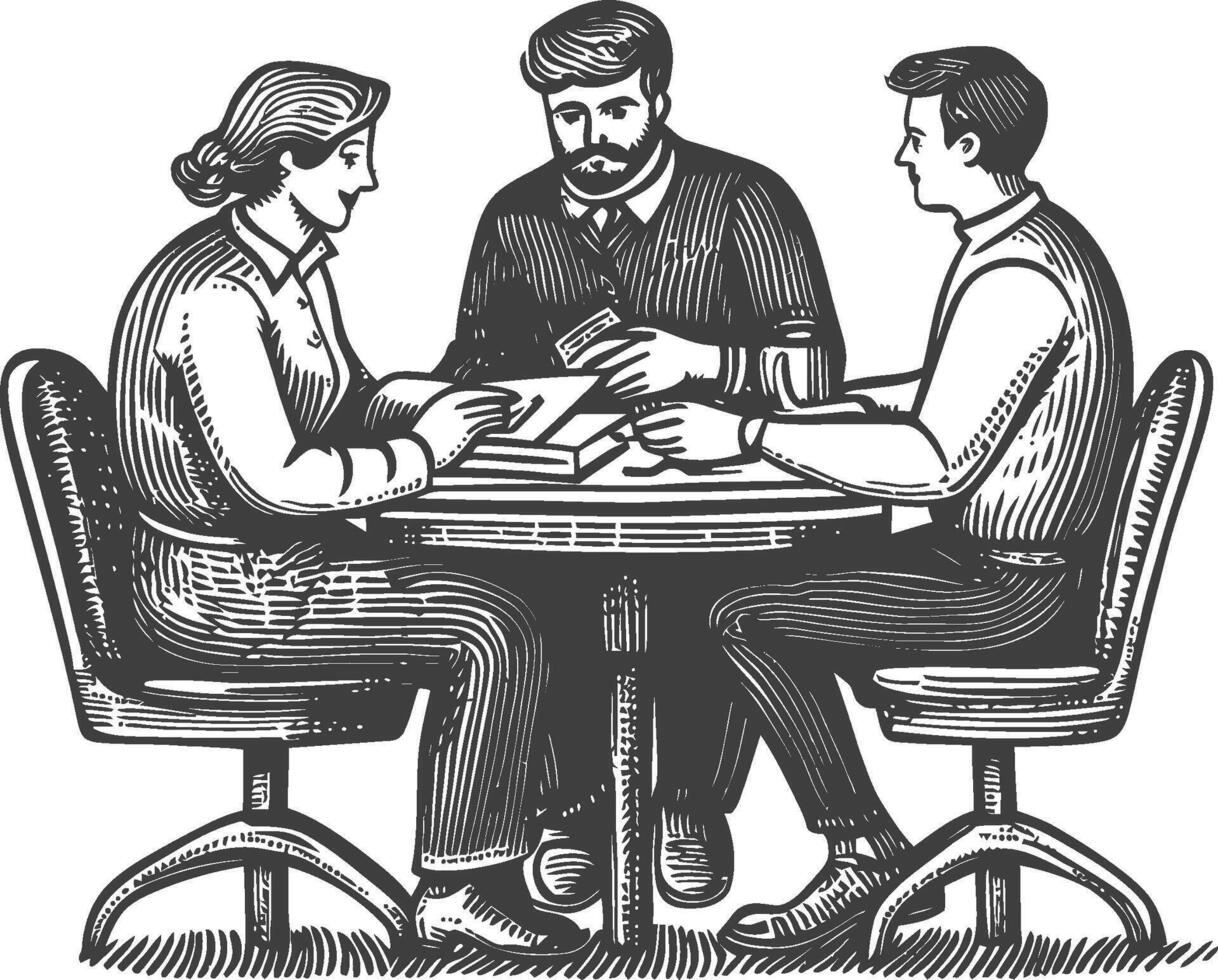 Engaging Discussion at Round Table with Three Individuals in Vintage Style vector