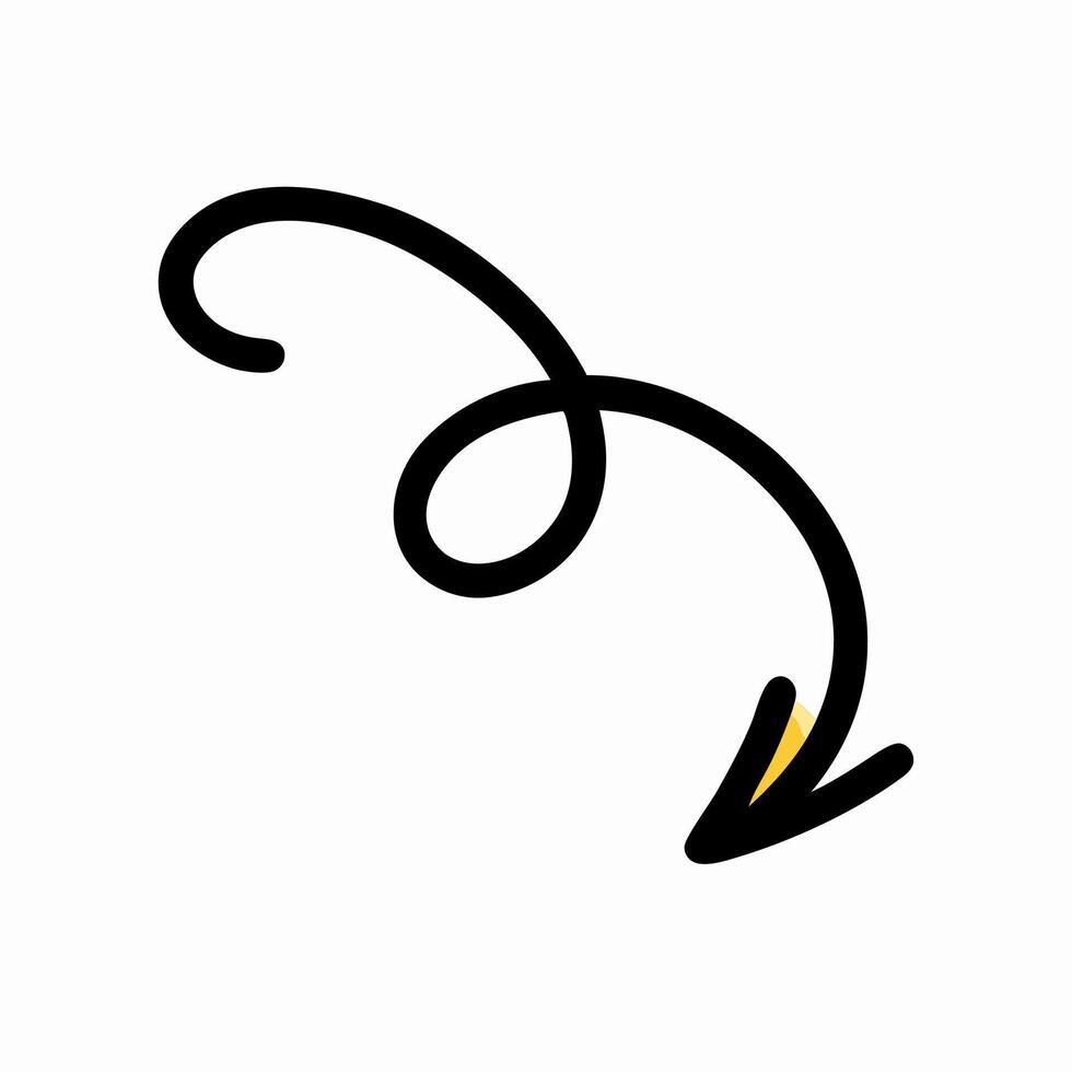 Curved Swirly Arrow Down, Hand Drawn Style vector