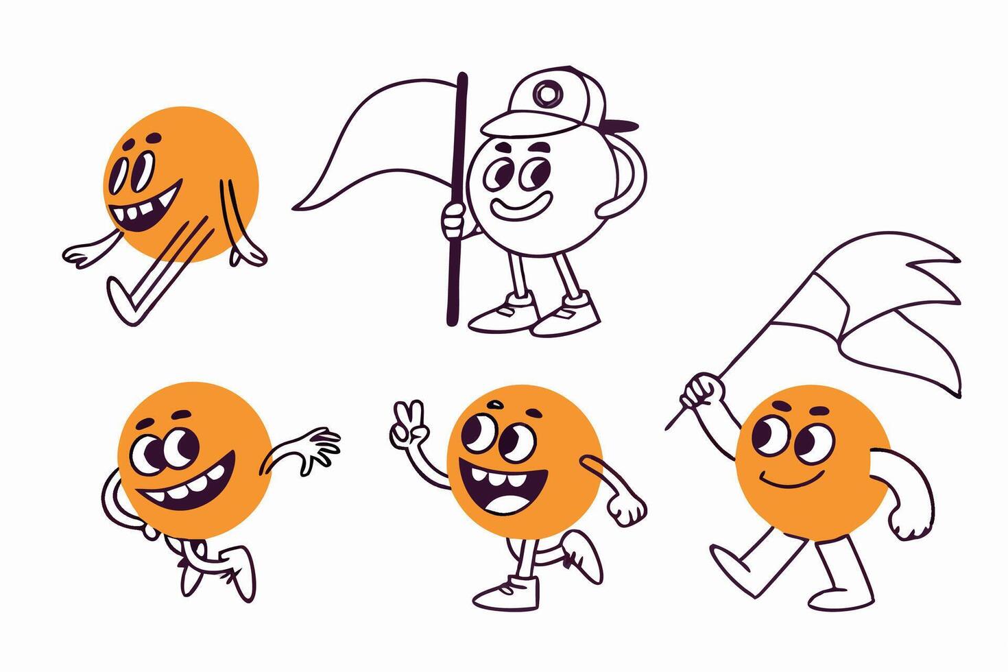 Five Cute Orange Circle Characters with Flags and Peace Sign vector