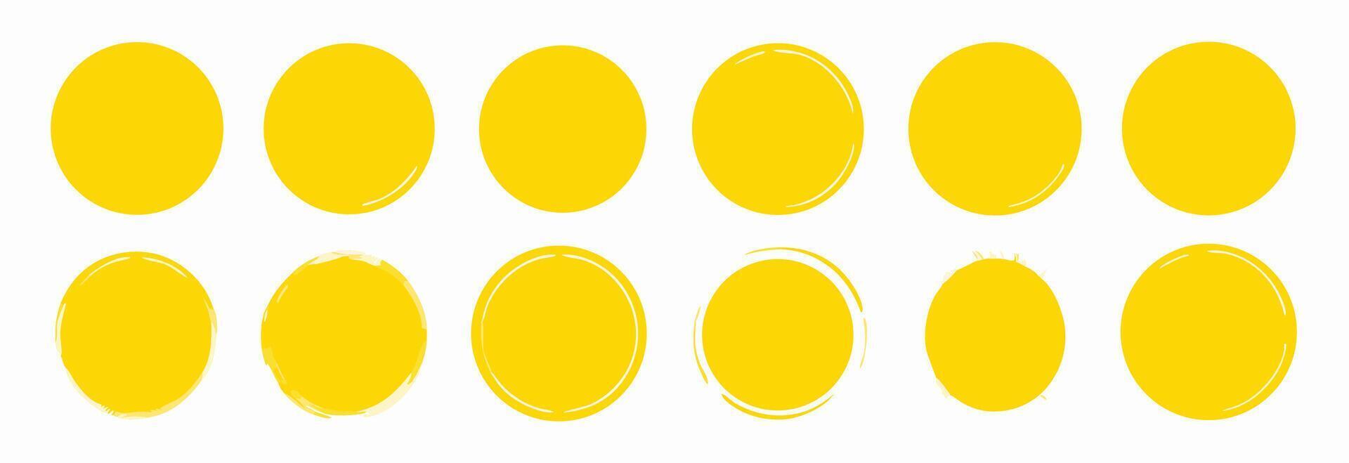 12 Yellow Circle Stamps, Hand Drawn, vector