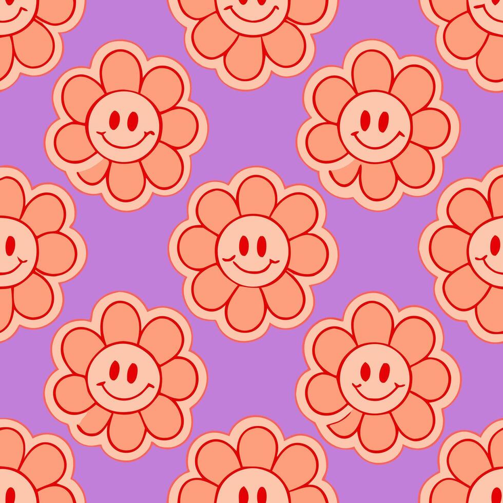Seamless Pattern Happy Flower Faces on Purple Background vector