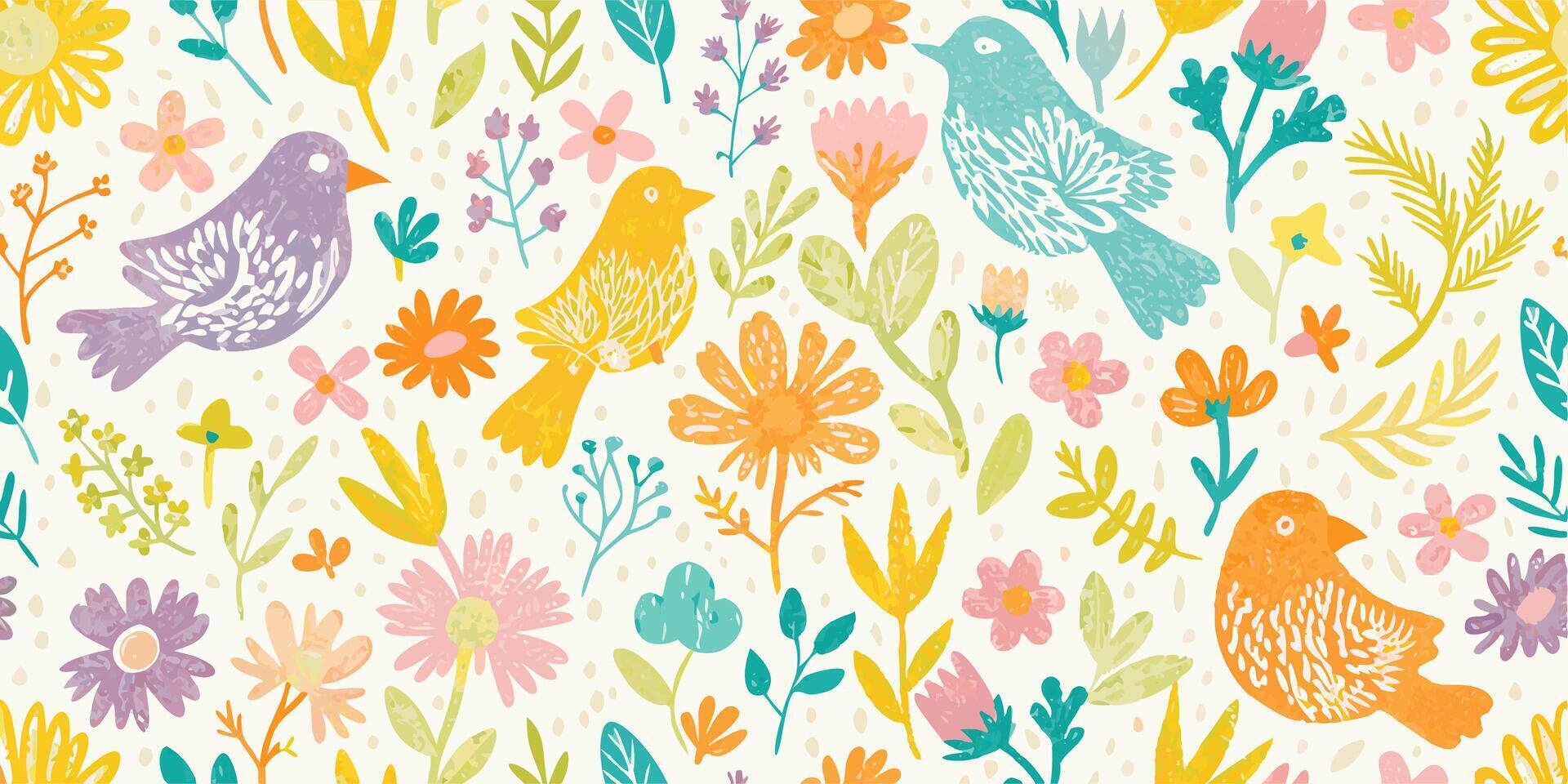 Pastel Birds and Flowers Seamless Pattern Spring Floral Design vector