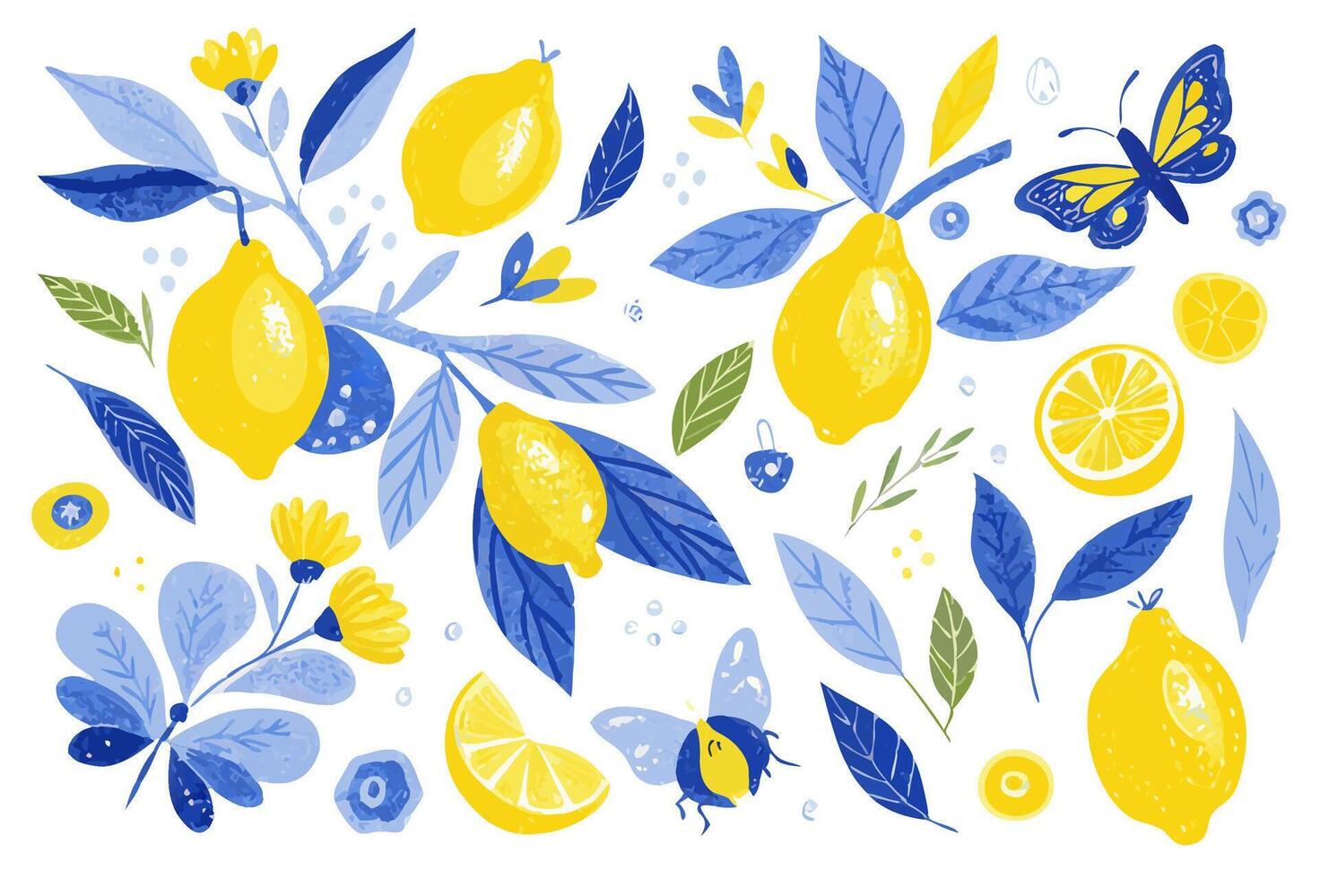 Lemons, Butterflies, and Flowers Watercolor Style Illustration vector