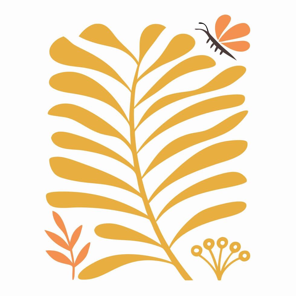 Abstract Mustard Yellow Leaf Print with Butterfly vector