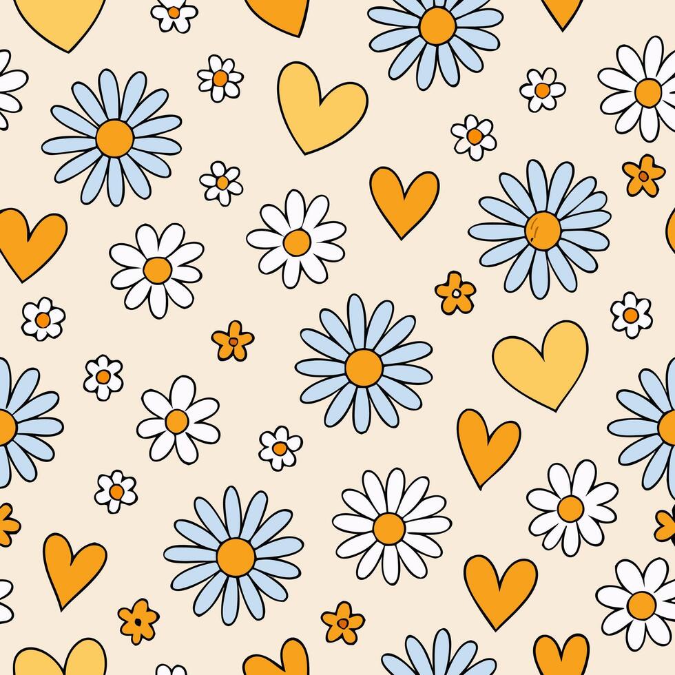 Seamless Pattern Daisies, Hearts, Beige Background vector