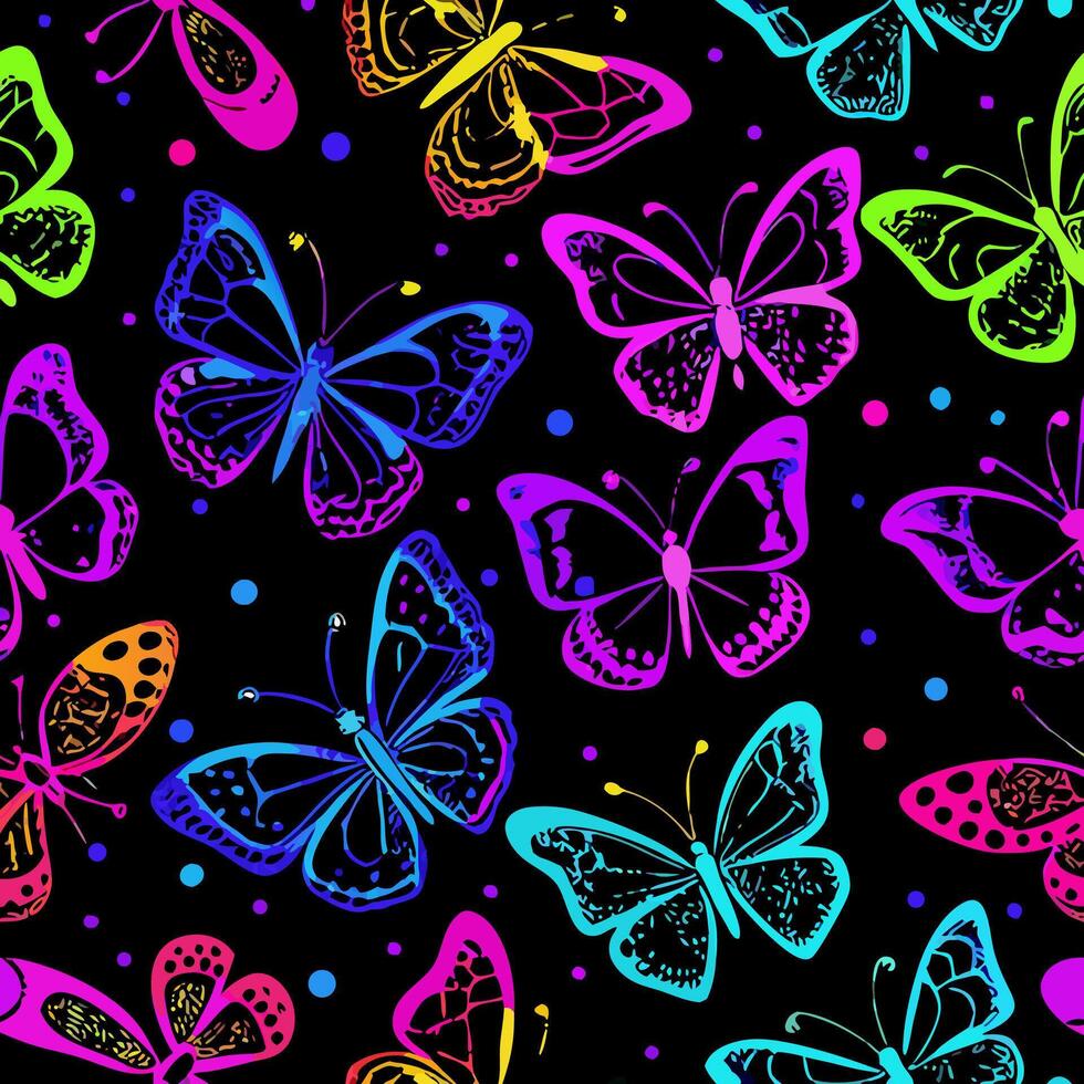Rainbow Butterflies on Black Background Seamless Pattern vector