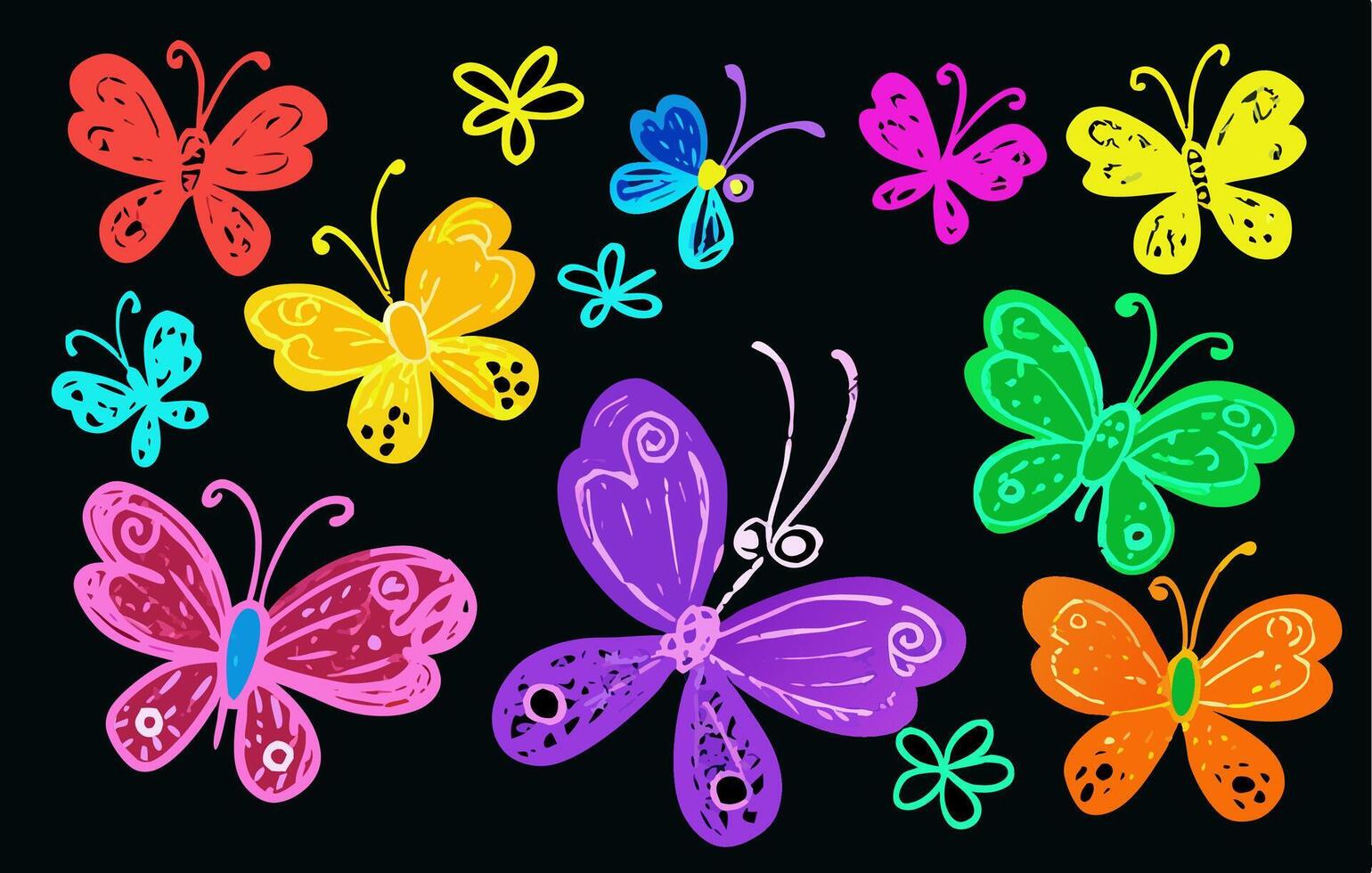 Colorful Hand Drawn Butterflies on Black Background vector