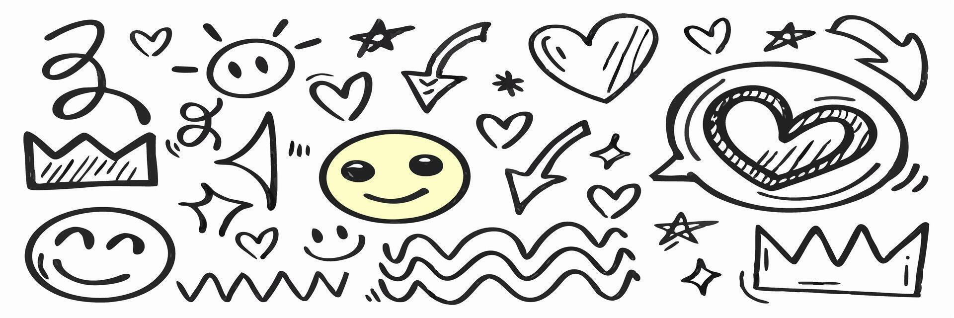 Hand drawn Doodle Icons Hearts, Smileys, Crowns, Arrows vector