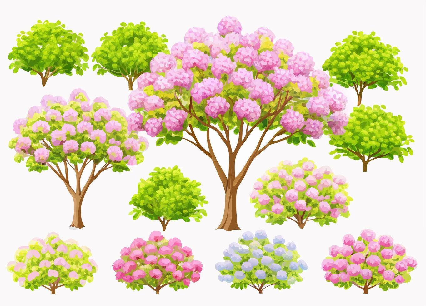 Pink and Green Hydrangea Trees and BushesSpring Garden Illustration vector