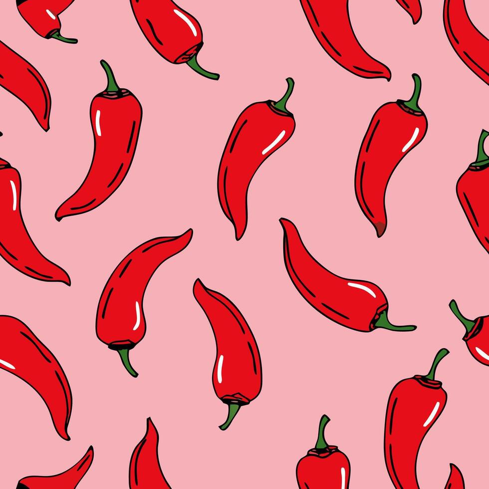 Red Chili Peppers Seamless Pattern on Pink Background vector