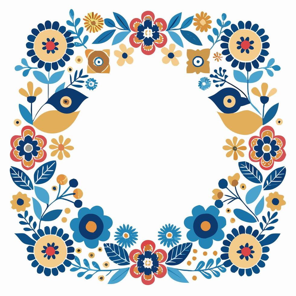 Floral Wreath Border Design Blue, Red, Yellow Flowers vector