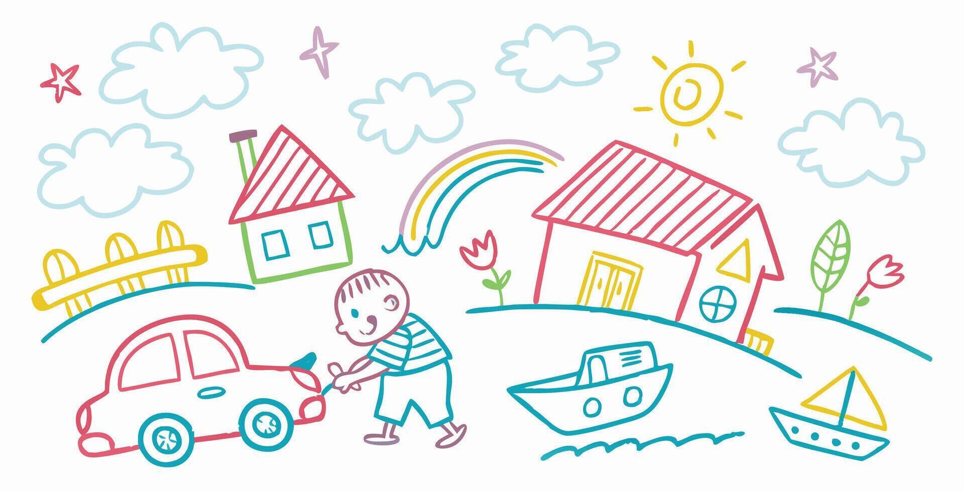 Child's Drawing Boy Fixing Car, Houses, Rainbow vector