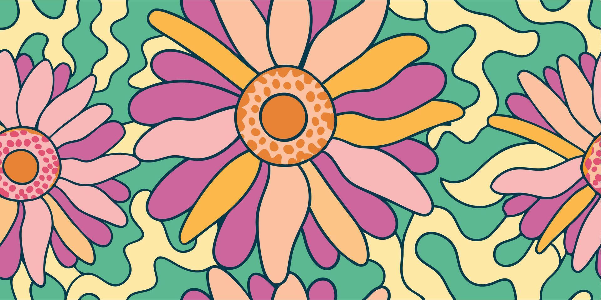 Retro 70s Flower Power Pattern Pink, Orange and Purple Floral Design vector