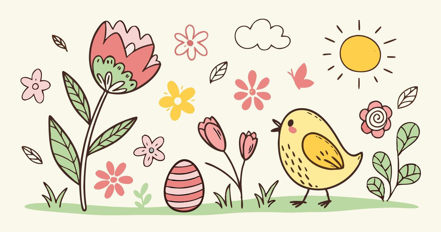 Cute Easter Chick with Flowers and Egg Spring Illustration vector