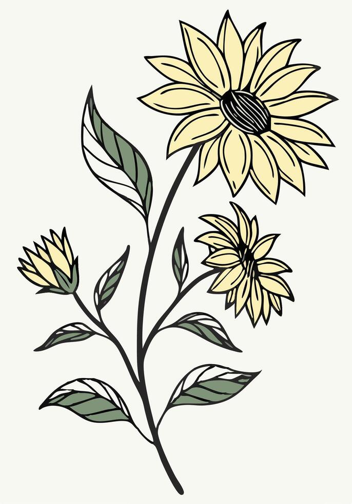 Yellow Sunflowers Botanical Line Art Print vector