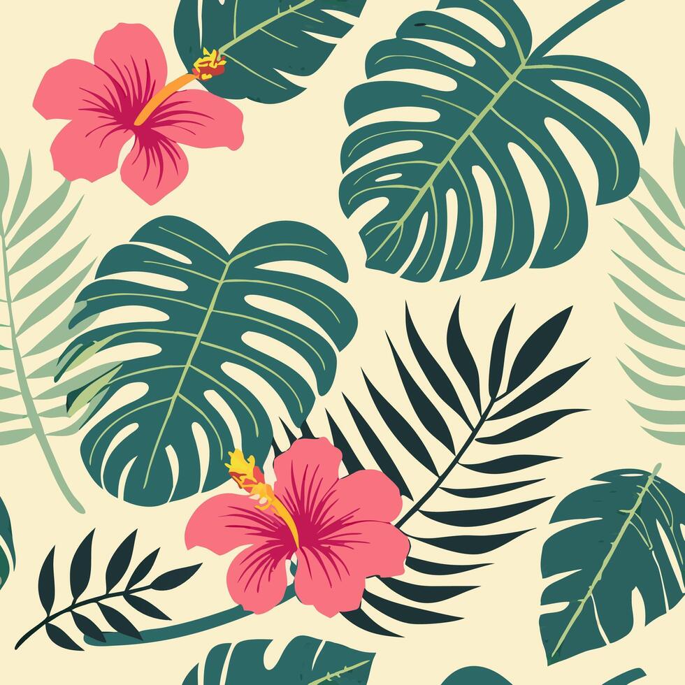Tropical Hibiscus and Monstera Leaf Pattern vector