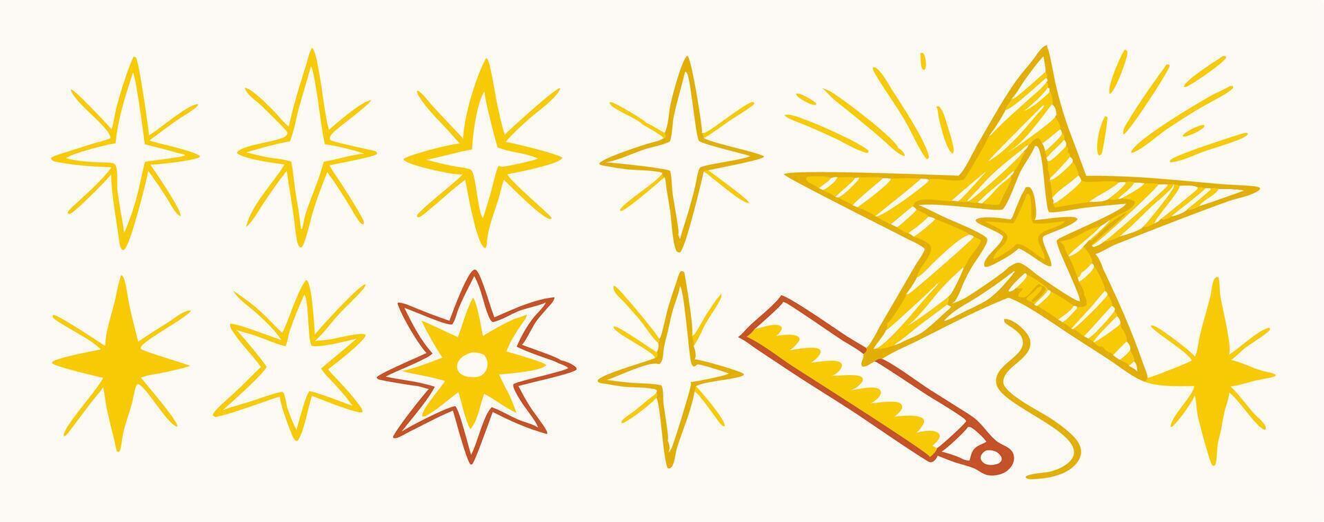 Hand drawn Gold Stars Set Sparkle, Twinkle, Design Elements vector