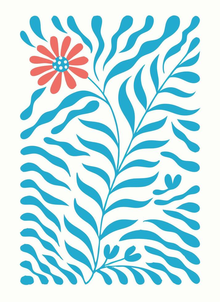 Teal and Coral Flower Branch Botanical Illustration vector