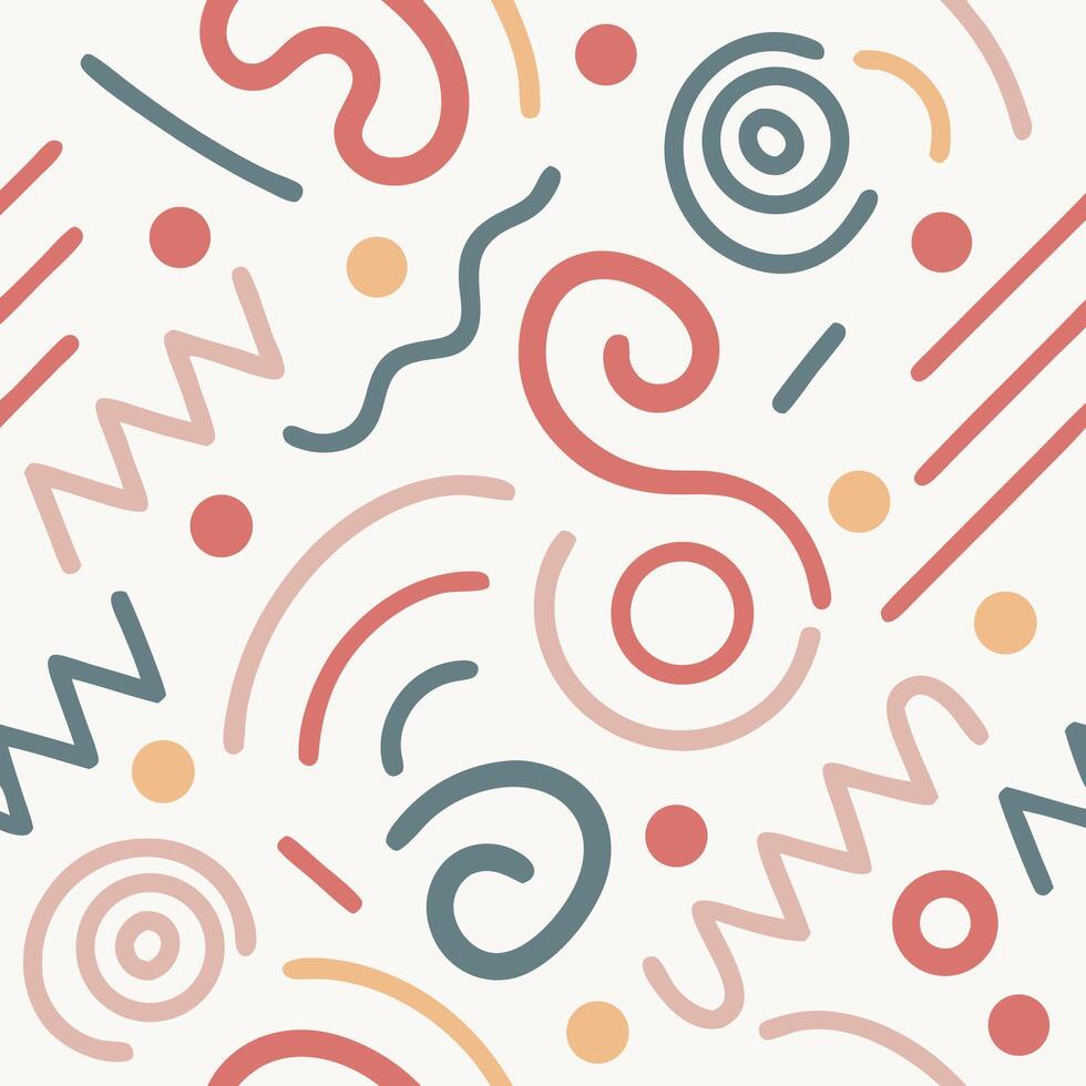 Abstract Seamless Pattern Pastel Pink, Red, and Blue Lines, Circles, and Swirls vector