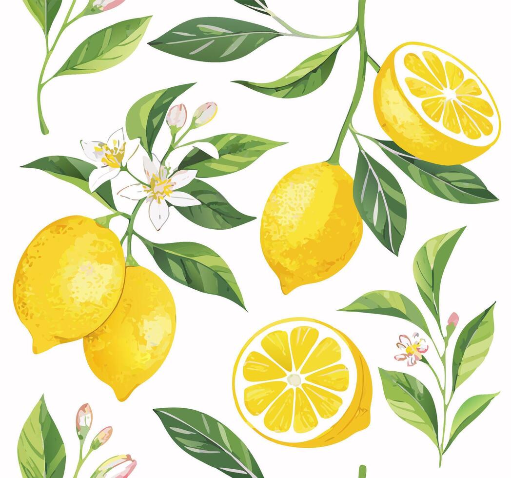 Lemon Tree Branch with Flowers and Fruit Seamless Pattern vector