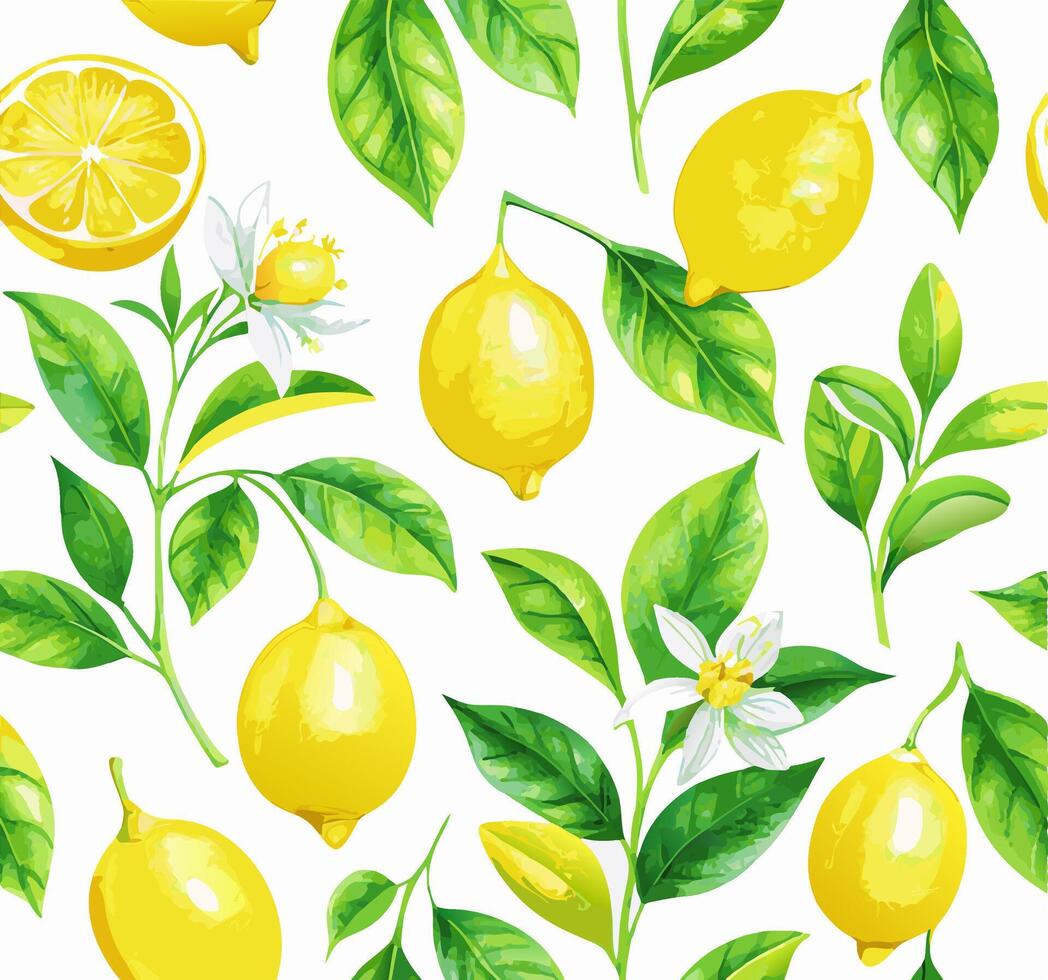 Lemon Seamless Pattern Fresh Lemons, Leaves and Blossoms vector