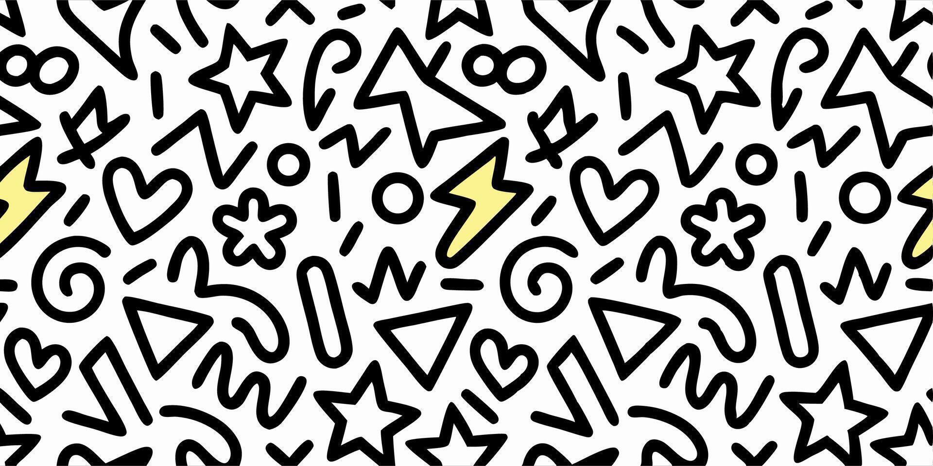 Abstract Seamless Pattern Black and White Doodle Shapes, Stars, Hearts vector