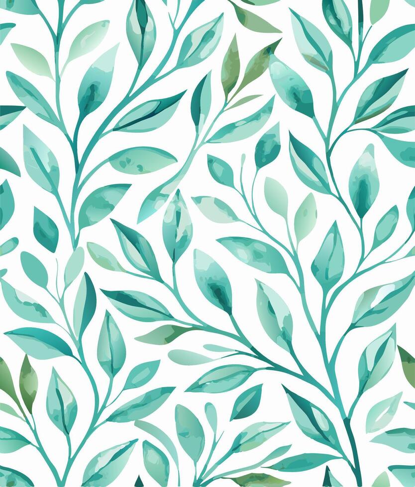 Seamless Teal Watercolor Leaves Pattern Background vector