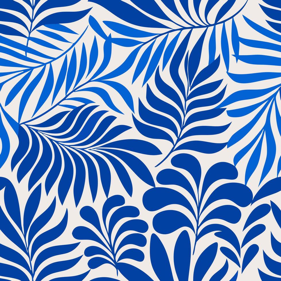 Seamless Blue Tropical Leaf Pattern, Botanical Illustration, Floral Textile Design vector