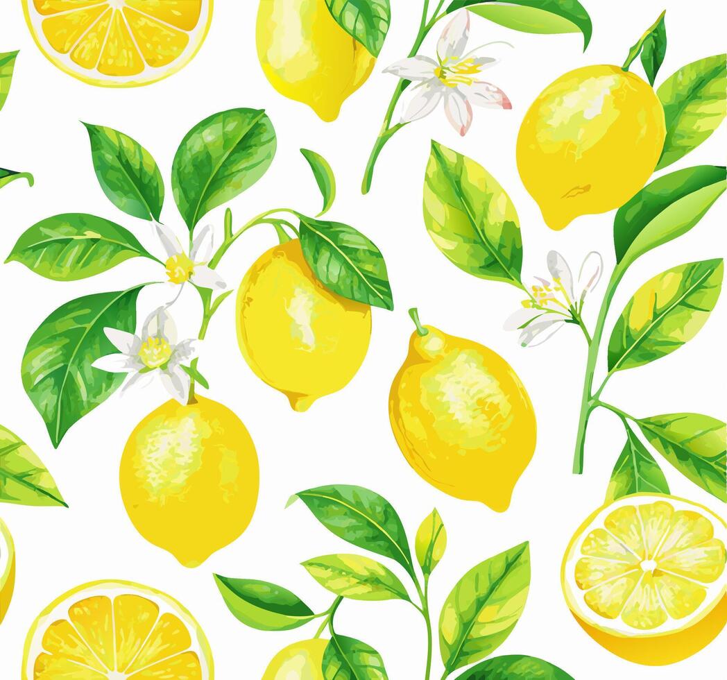 Seamless Lemon Pattern Watercolor Lemons, Leaves and Flowers vector