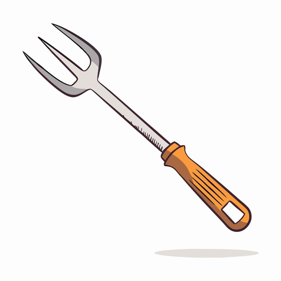 Three pronged garden fork with orange handle illustration vector
