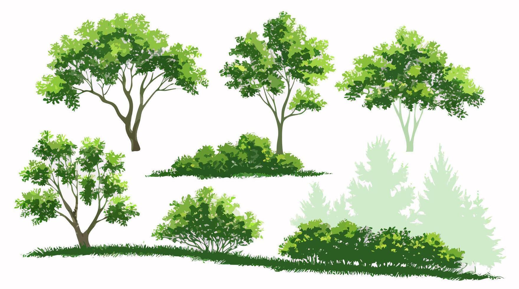Collection of Lush Green Trees and Bushes, Landscape Design Elements vector